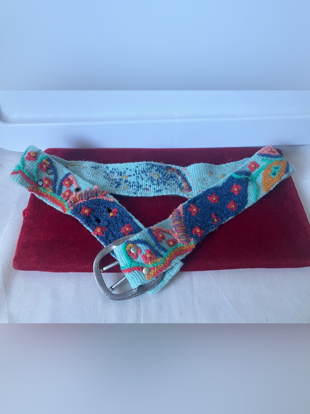 Jenny Krauss Peru Wool Embroidered Belt Blue Green Floral Boho Folk Art Sz S.